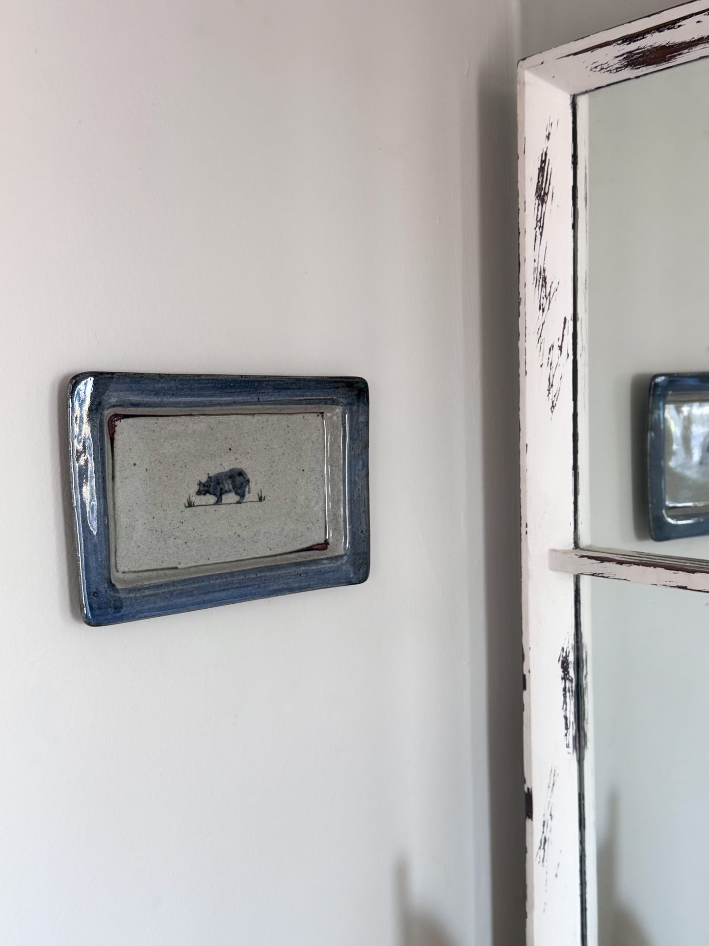 Vintage Studio Pottery Speckled Blue & Grey ‘Little Grazing Cow Wall Plate’