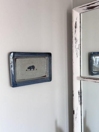 Vintage Studio Pottery Speckled Blue & Grey ‘Little Grazing Cow Wall Plate’