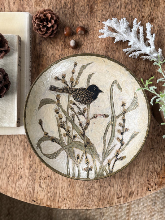Vintage Solid Brass Pedestal Bowl with Hand-Painted Blackbird Design