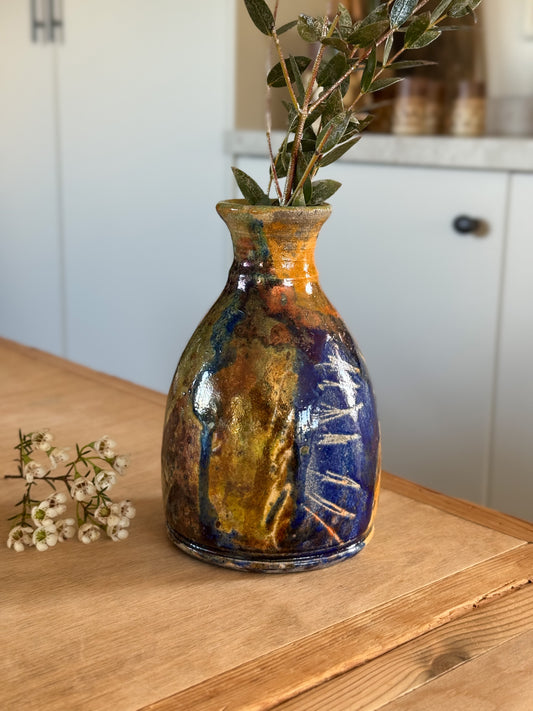Vintage Raku Studio Pottery Blue & Earthy Toned Bottle Vase