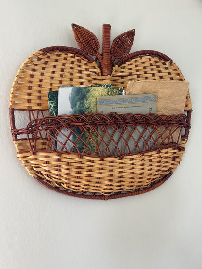 Vintage Midcentury Wicker Apple Wall Pocket / Letter Rack