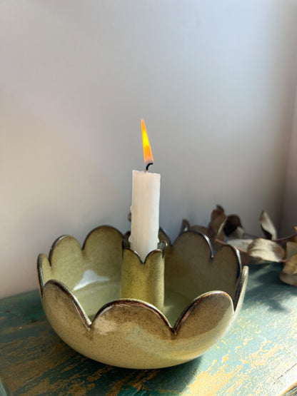 Jersey Pottery Green Scalloped Ceramic Candle-Holder