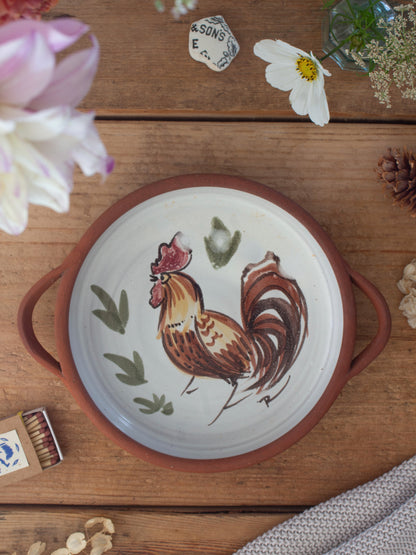 Vintage Hand-Painted Terracotta Slipware Rooster Handled Dish