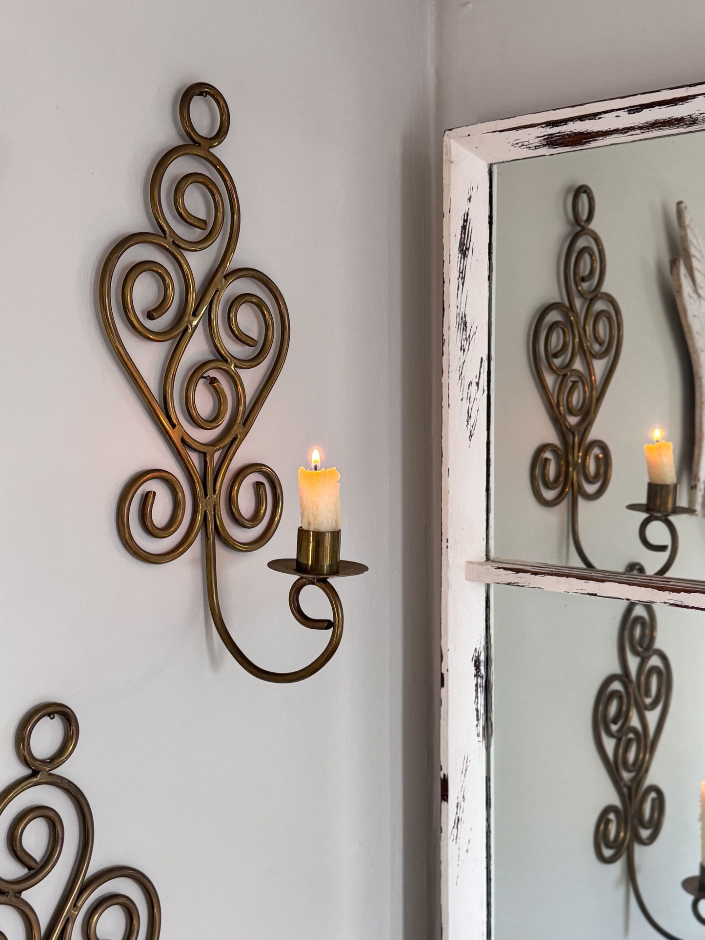 Vintage Solid Brass Swirl Wall Sconces - Pair of Ornate Scroll Candle Holders