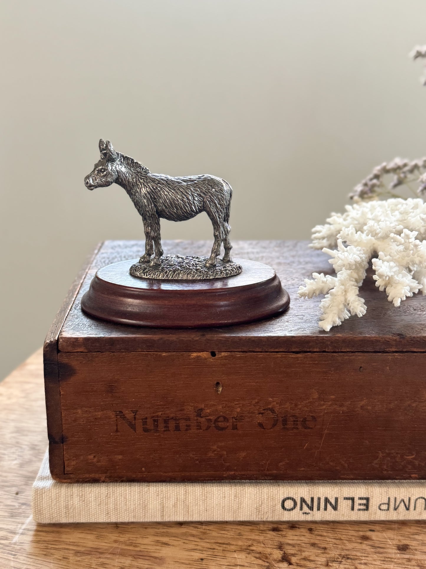 Vintage Pewter Donkey Miniature on Wooden Base
