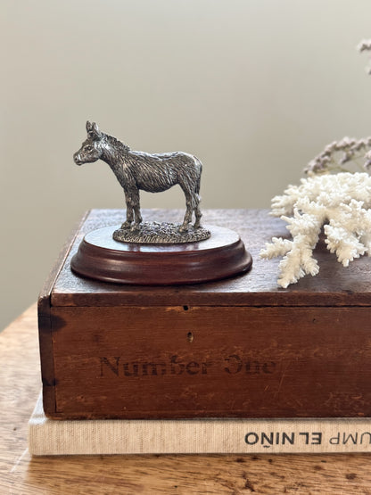 Vintage Pewter Donkey Miniature on Wooden Base
