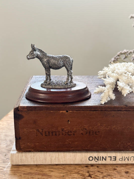 Vintage Pewter Donkey Miniature on Wooden Base