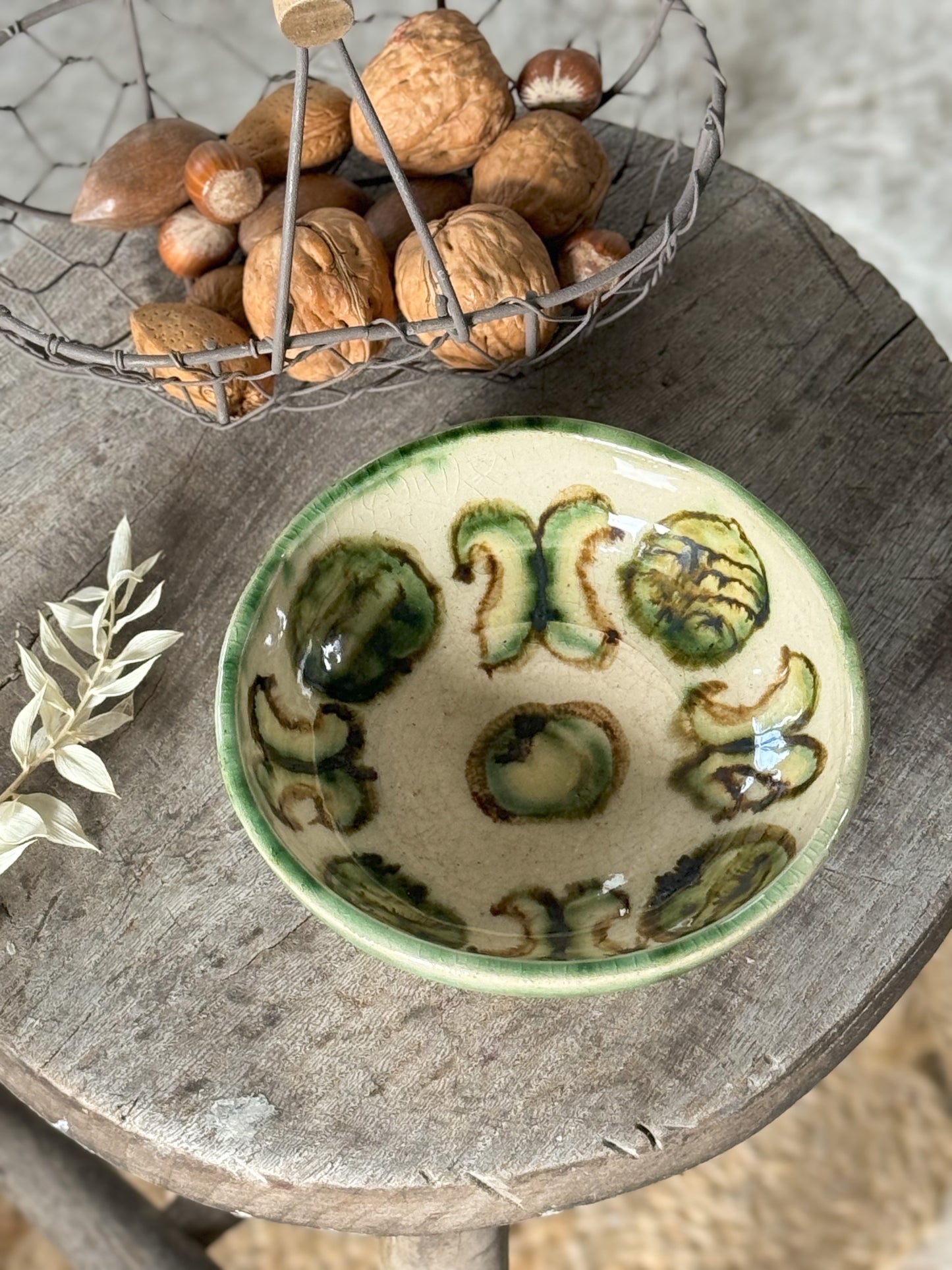 Antique Abstract Green Slipware Bowl