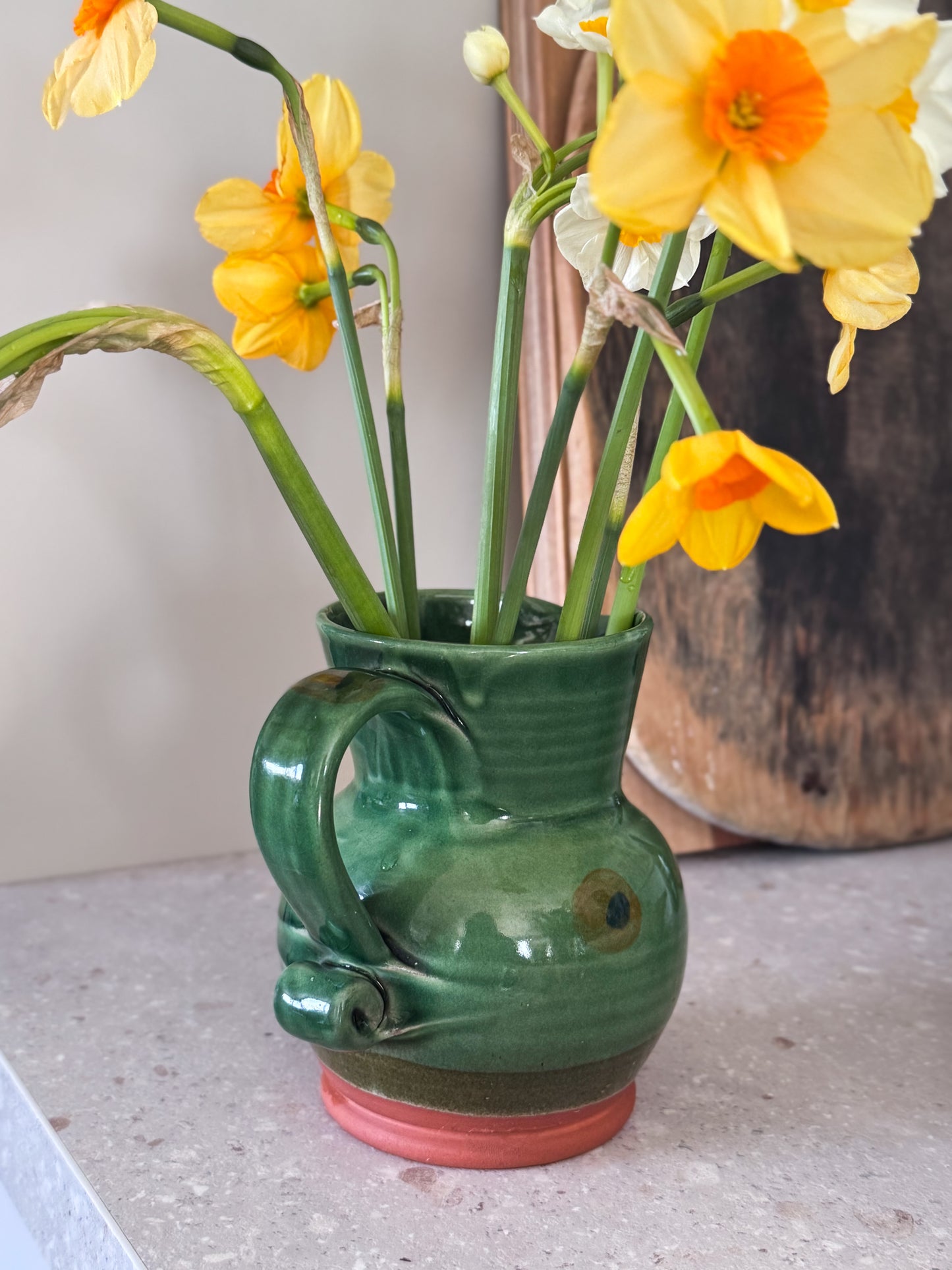 Vintage Welsh Studio Pottery Green Slipware Jug by Carol Wynne Morris, Conwy Pottery