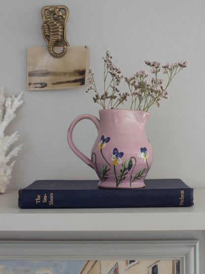 Vintage Hand-Painted Pansies Studio Pottery Jug, Signed ‘JS’