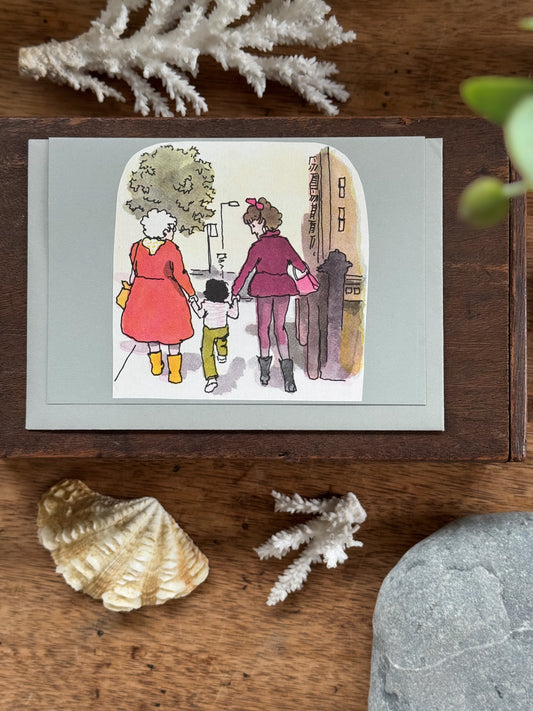 Handmade Hiraeth Vintage Illustration Greeting Card ‘Granny, Mummy & Me’ • A6