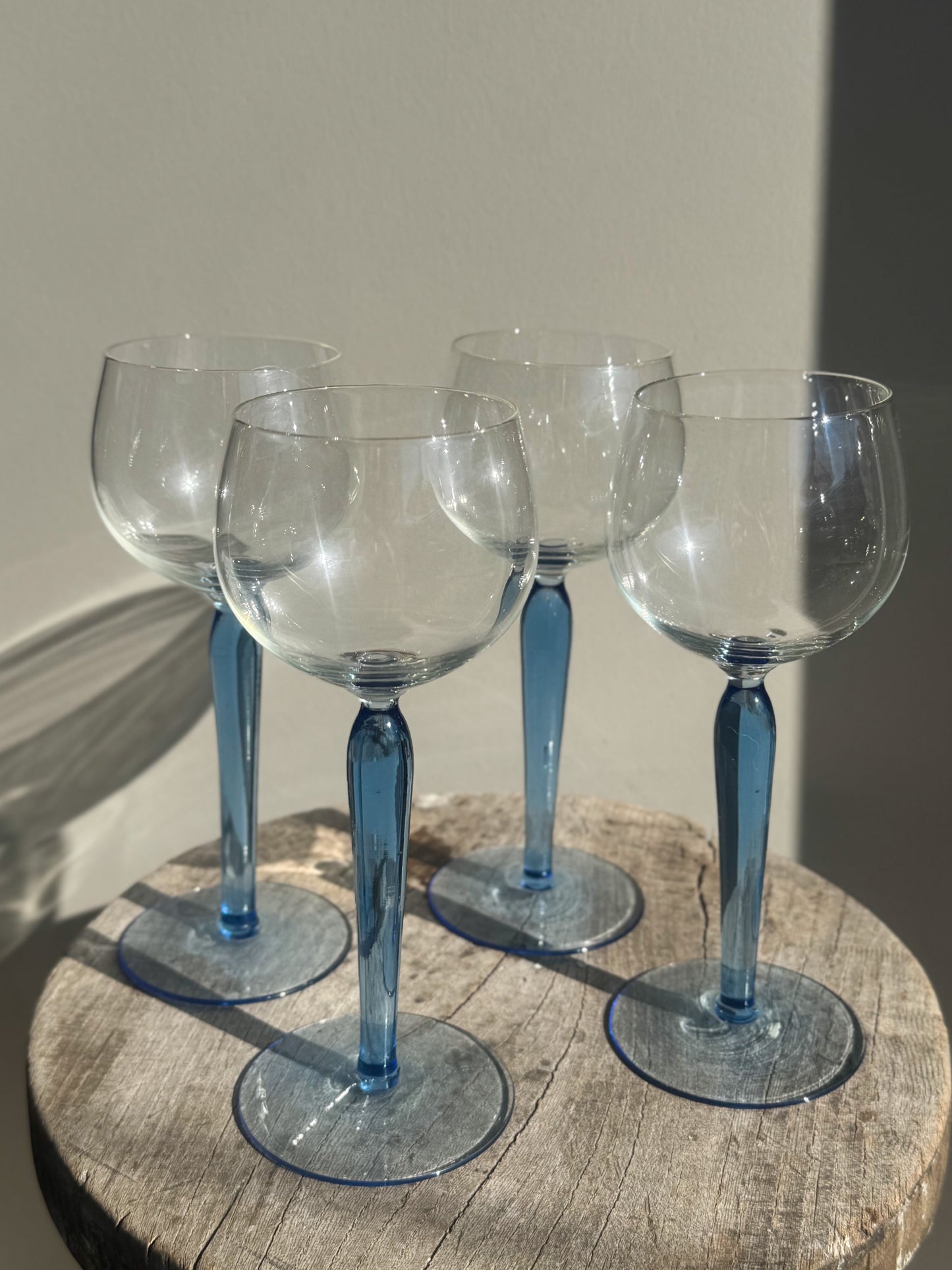 Vintage Handblown Light Blue Stem Glasses • Set of 4