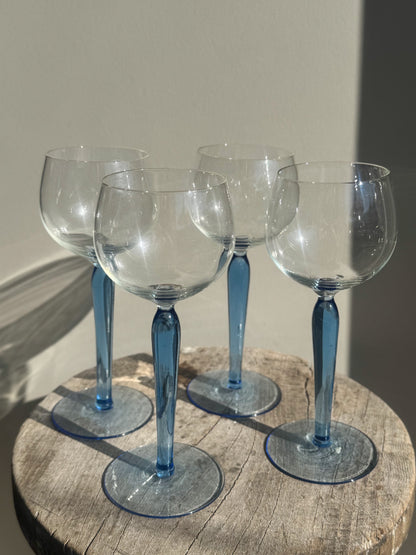 Vintage Handblown Light Blue Stem Glasses • Set of 4