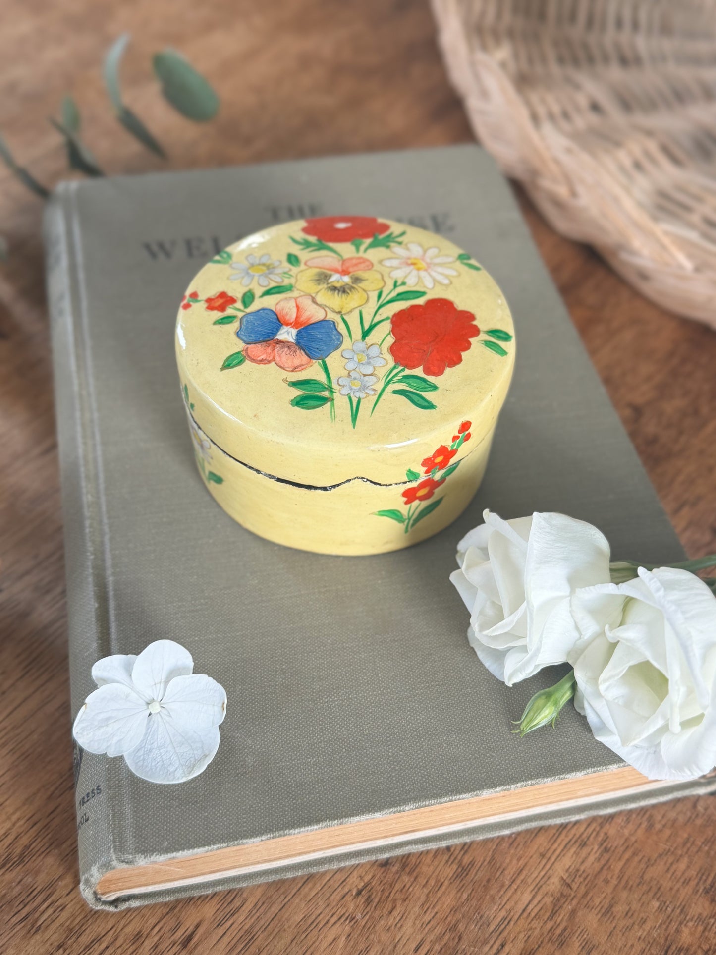 Vintage ‘Pansies’ Lacquered Paper Mache Trinket Box