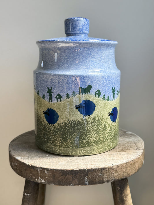 Vintage Arthur Wood Ceramic ‘Blue Sheep’ Spongeware Biscuit Jar