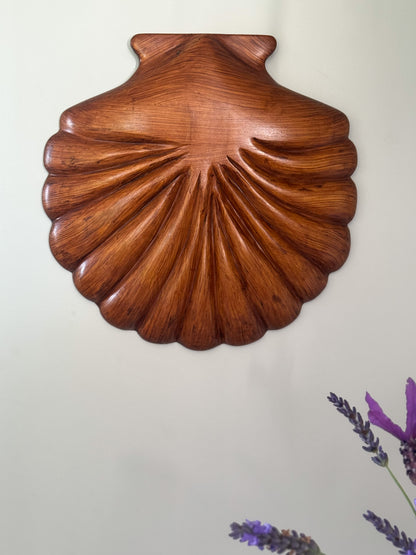 Vintage Large Hand-Carved Wooden Scalloped Shell Wall Hanging