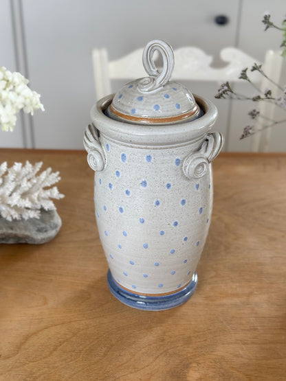 Vintage Tall Lidded Polka Dot Studio Pottery Jar, by Kelbrook Pottery