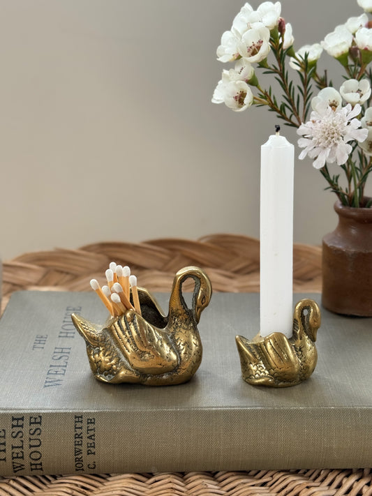 Pair of Vintage Solid Brass Swan Candle Holders / Match Pot