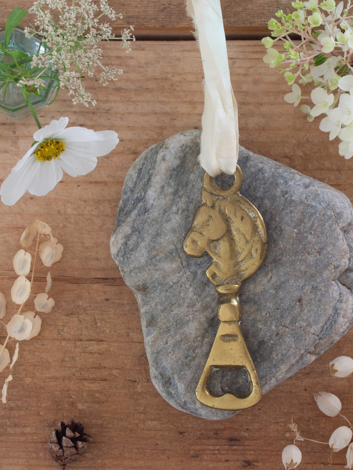 Vintage Solid Brass Horse Bottle Opener with Silk Ribbon