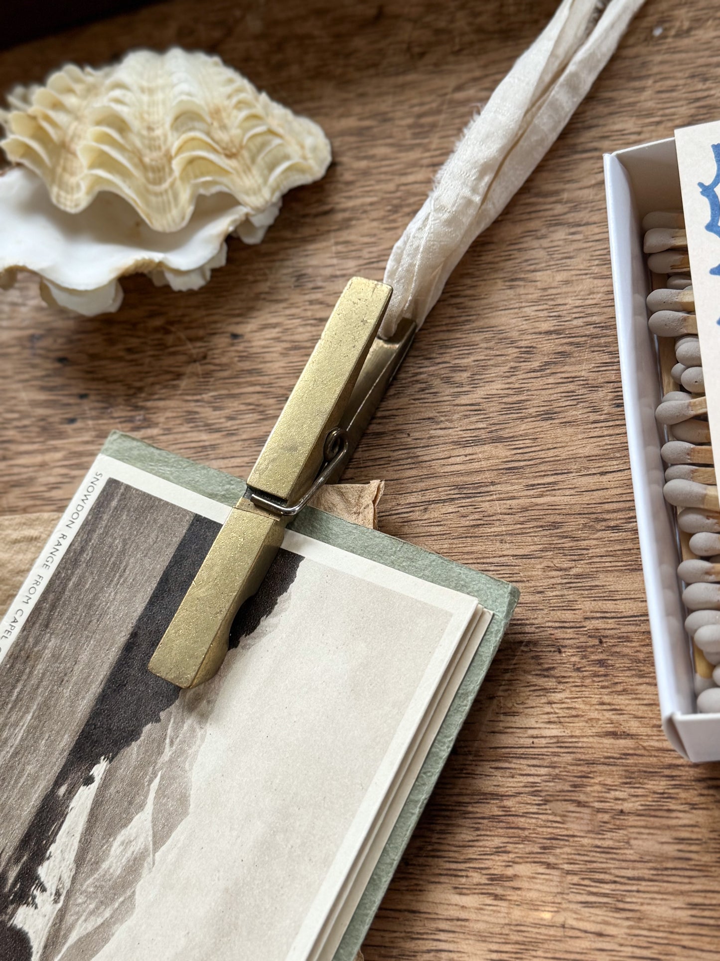 Vintage Solid Brass Peg-Shaped Letter Clip with Handmade Ribbon