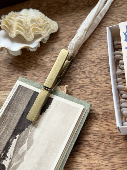 Vintage Solid Brass Peg-Shaped Letter Clip with Handmade Ribbon