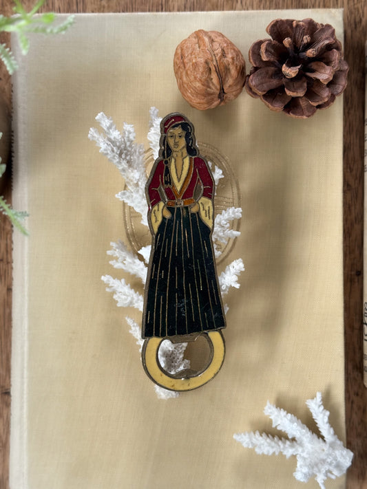 Vintage Norwegian Bronze & Enamel Painted Lady Bottle Opener