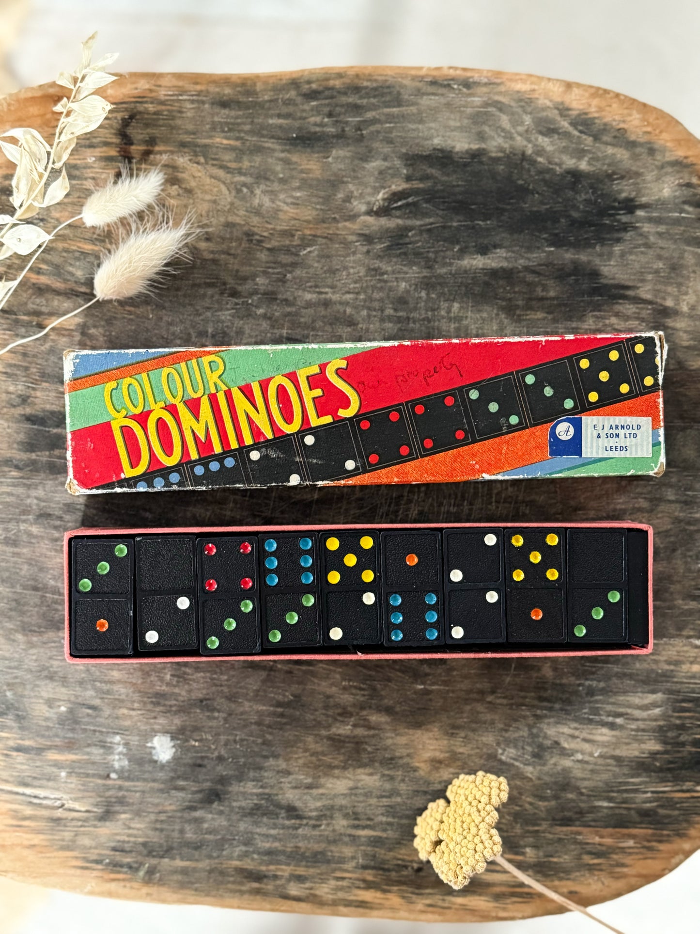 Vintage 1960s E J Arnold & Son Colour Dominoes Set