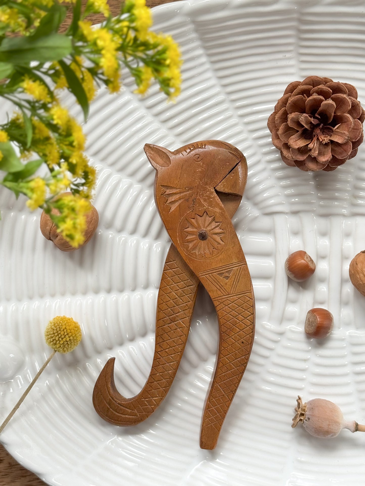 Vintage Midcentury Scandinavian Hand-Carved Wooden Squirrel Nutcracker
