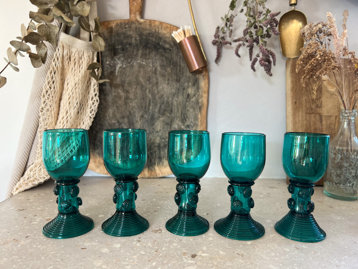 Antique c1820 German Rhenish  Römer Turquoise Wine Goblets (Set of 5)