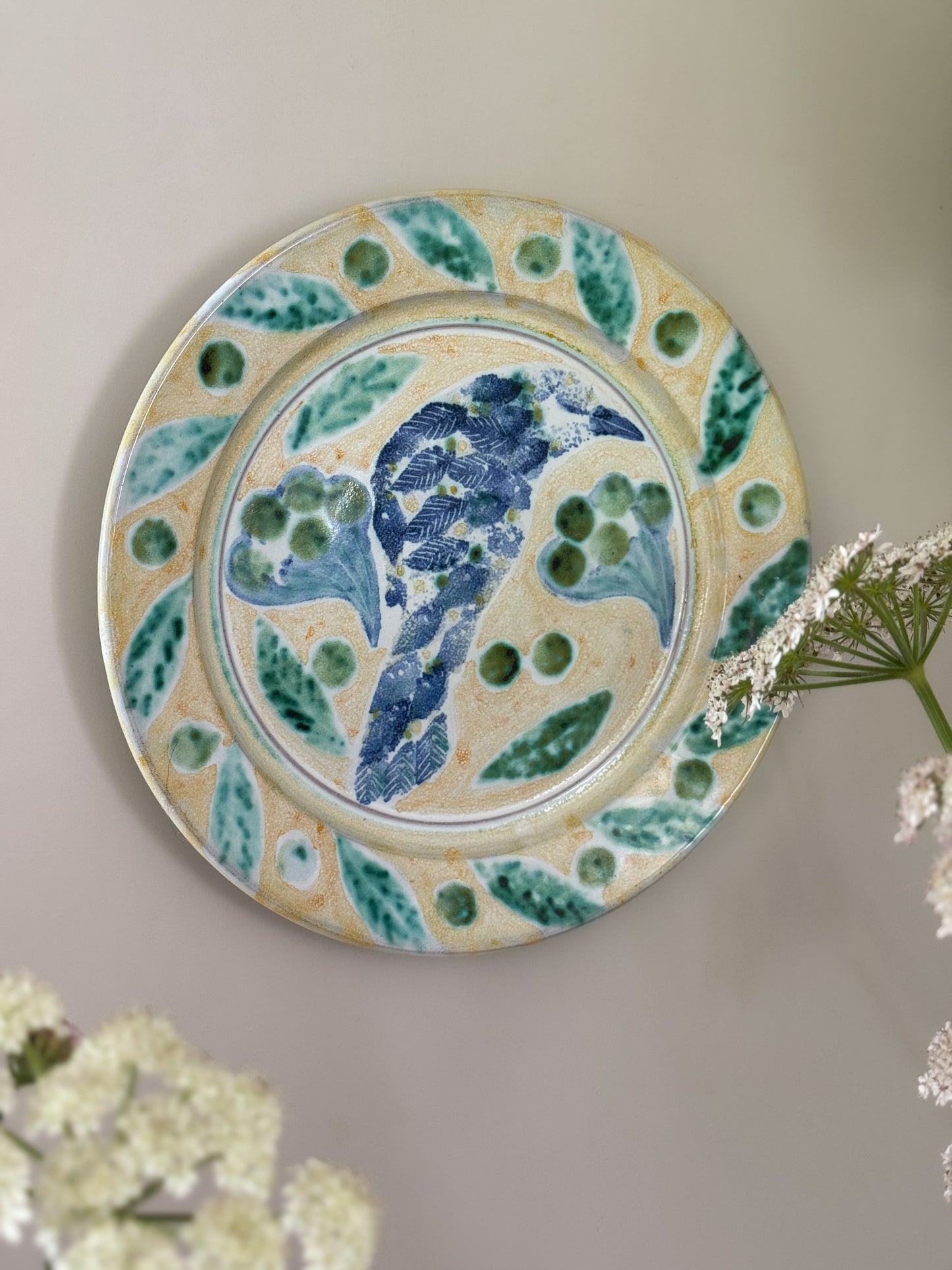 Vintage Blue & Green Studio Pottery Wall Plate, Hand-Painted Bird Design, 1985