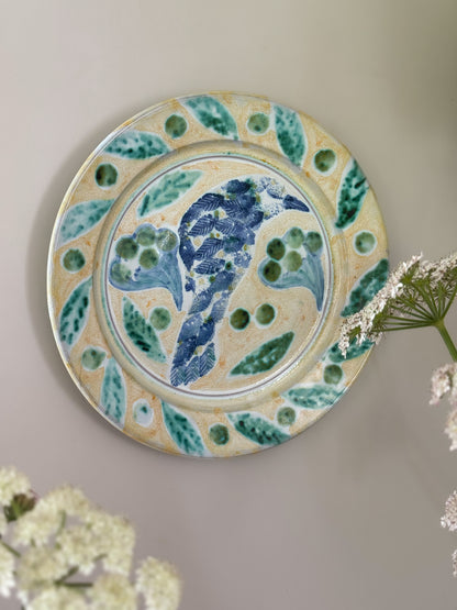Vintage Blue & Green Studio Pottery Wall Plate, Hand-Painted Bird Design, 1985