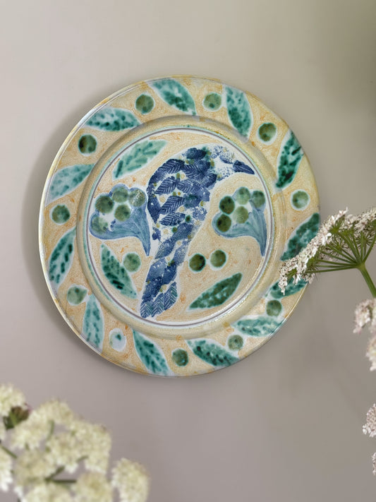 Vintage Blue & Green Studio Pottery Wall Plate, Hand-Painted Bird Design, 1985