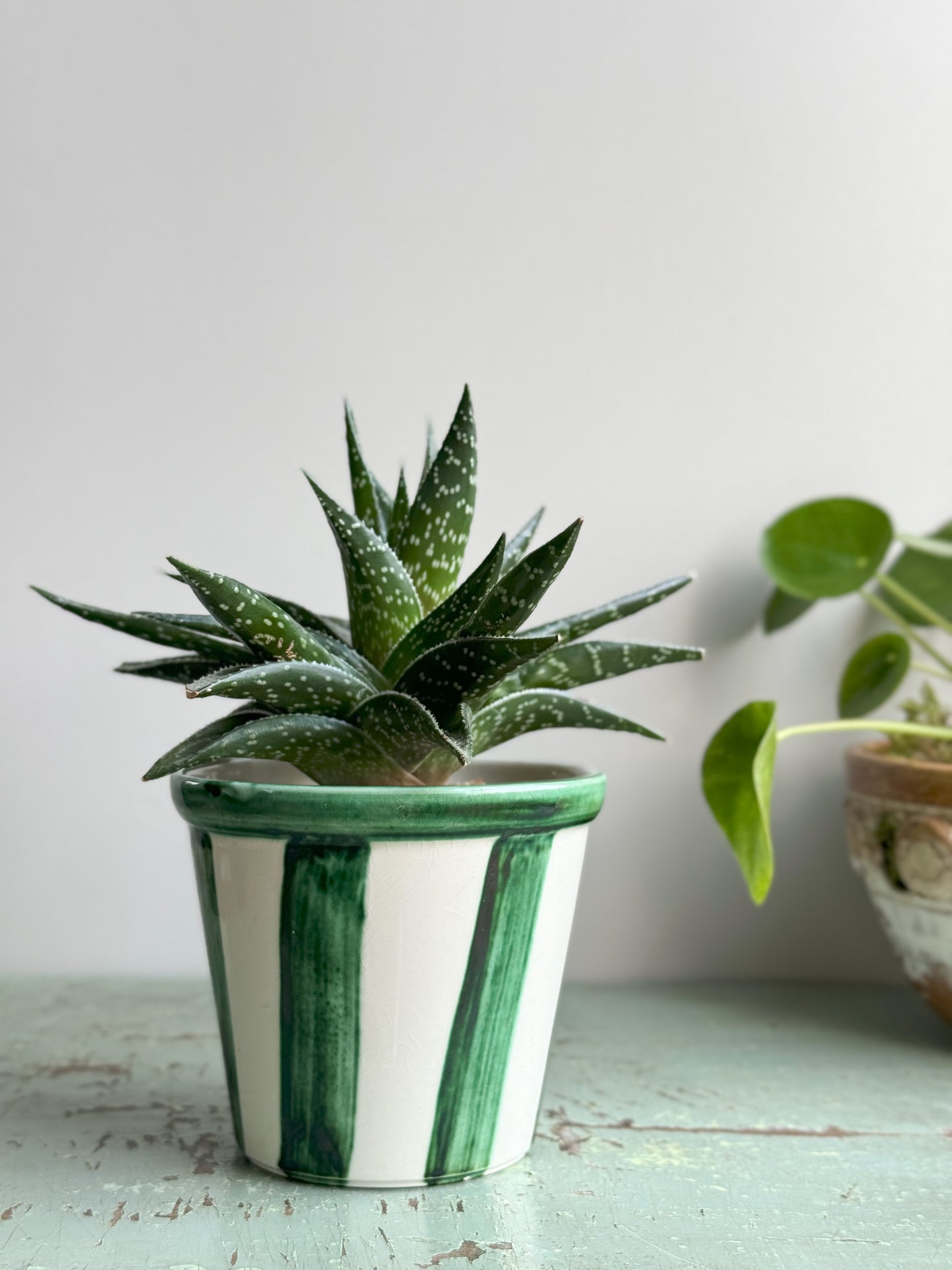 Vintage Green Glazed Striped Pot