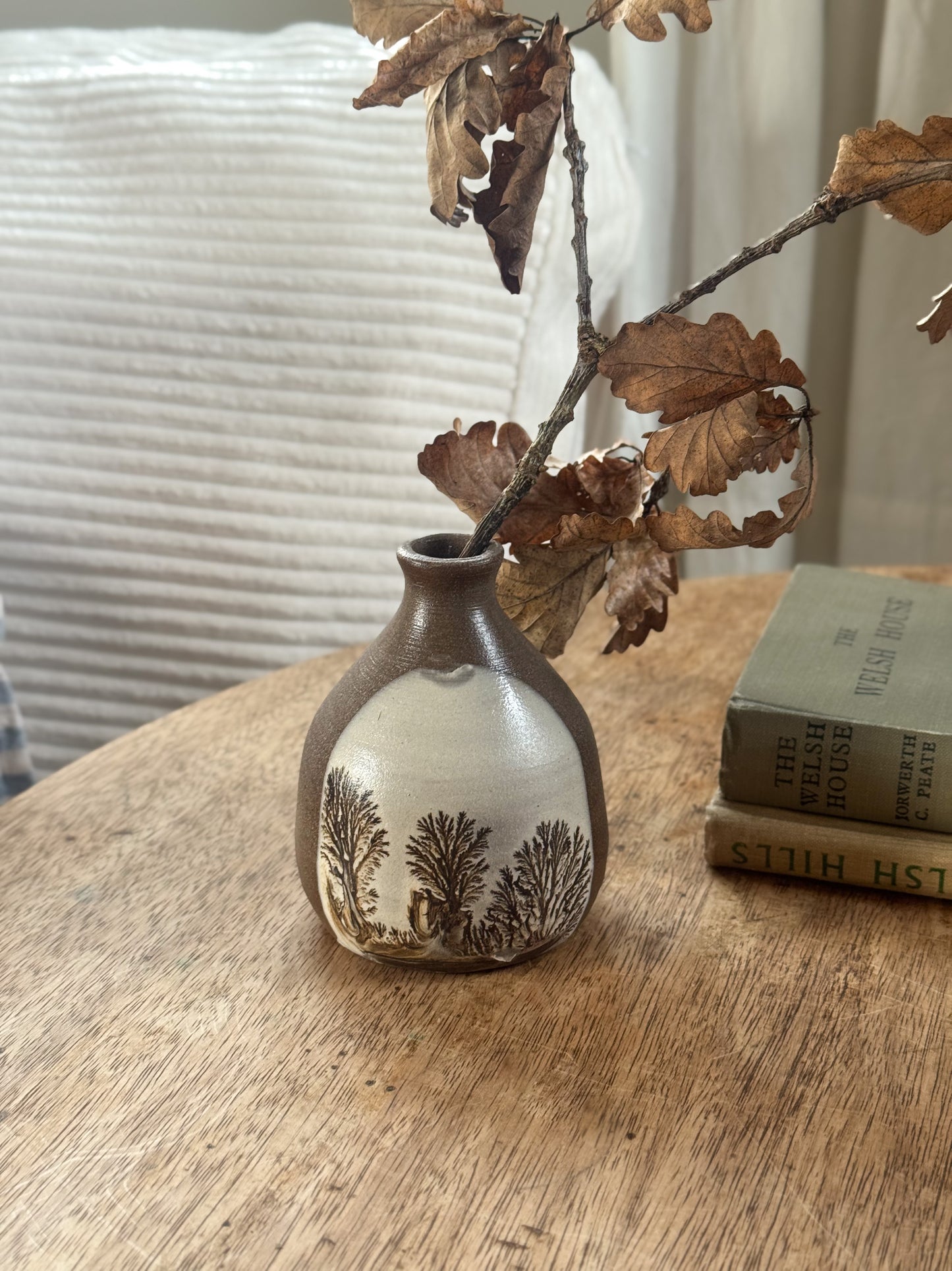 Vintage 1970s Meadowcroft Pottery Woodland Scene Bud Vase by Christine Bull