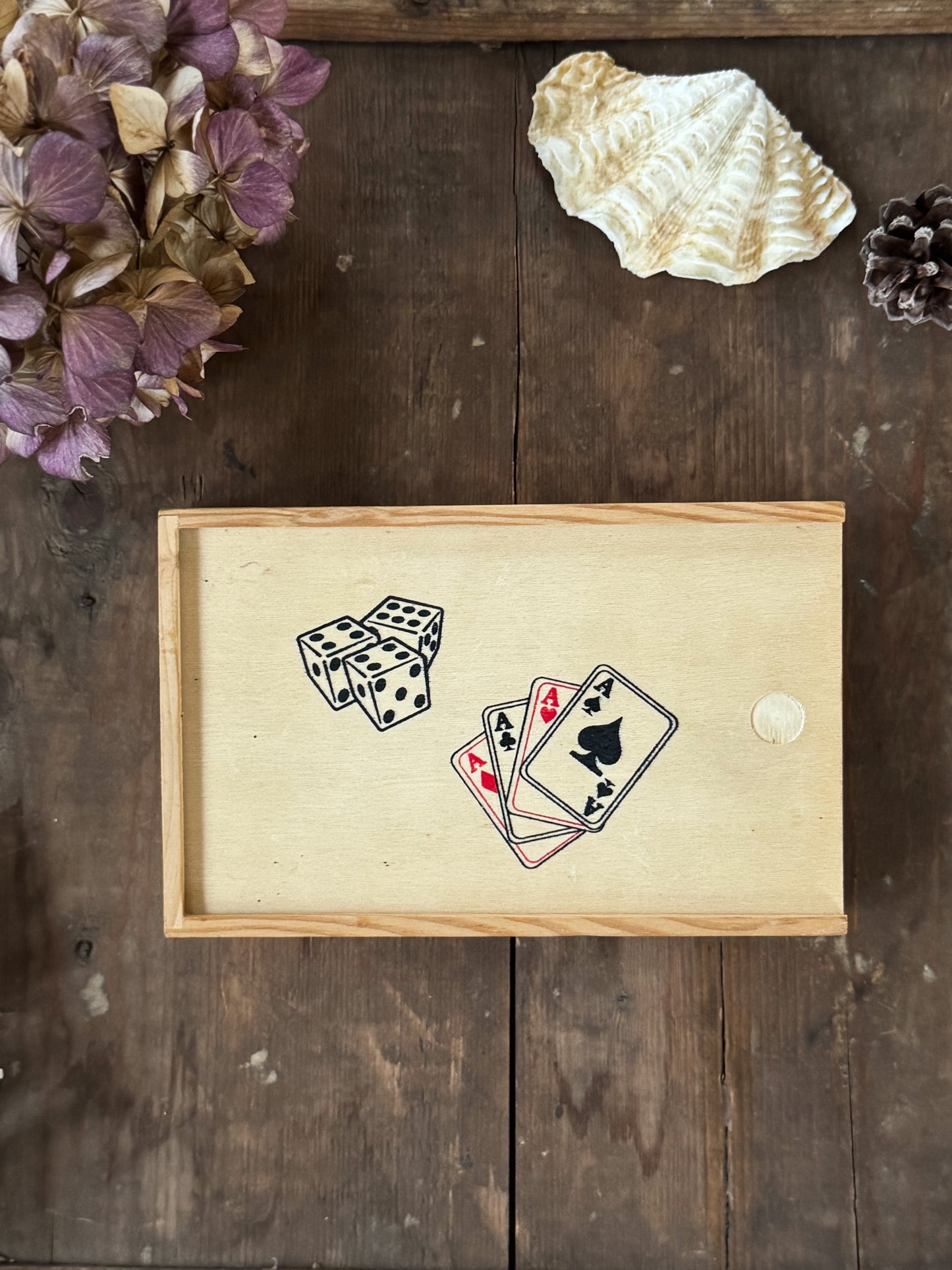 Vintage Cards & Dice Set in Wooden Slide-Top Box