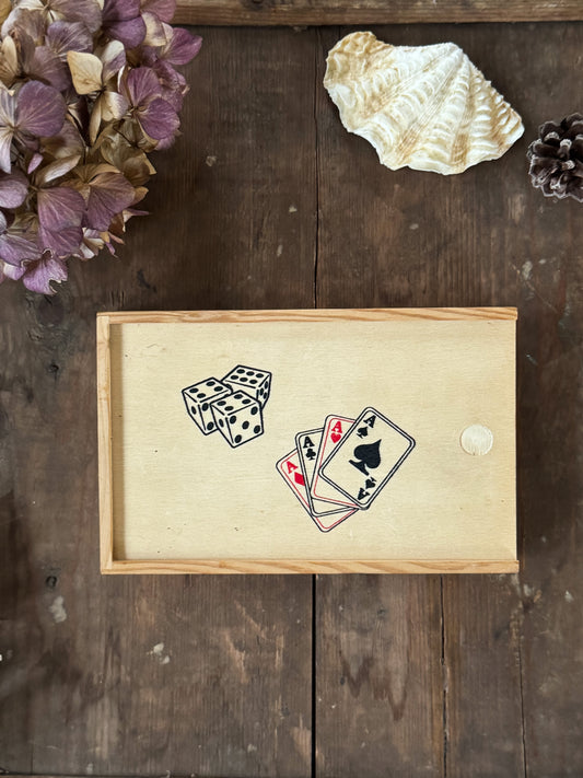 Vintage Cards & Dice Set in Wooden Slide-Top Box