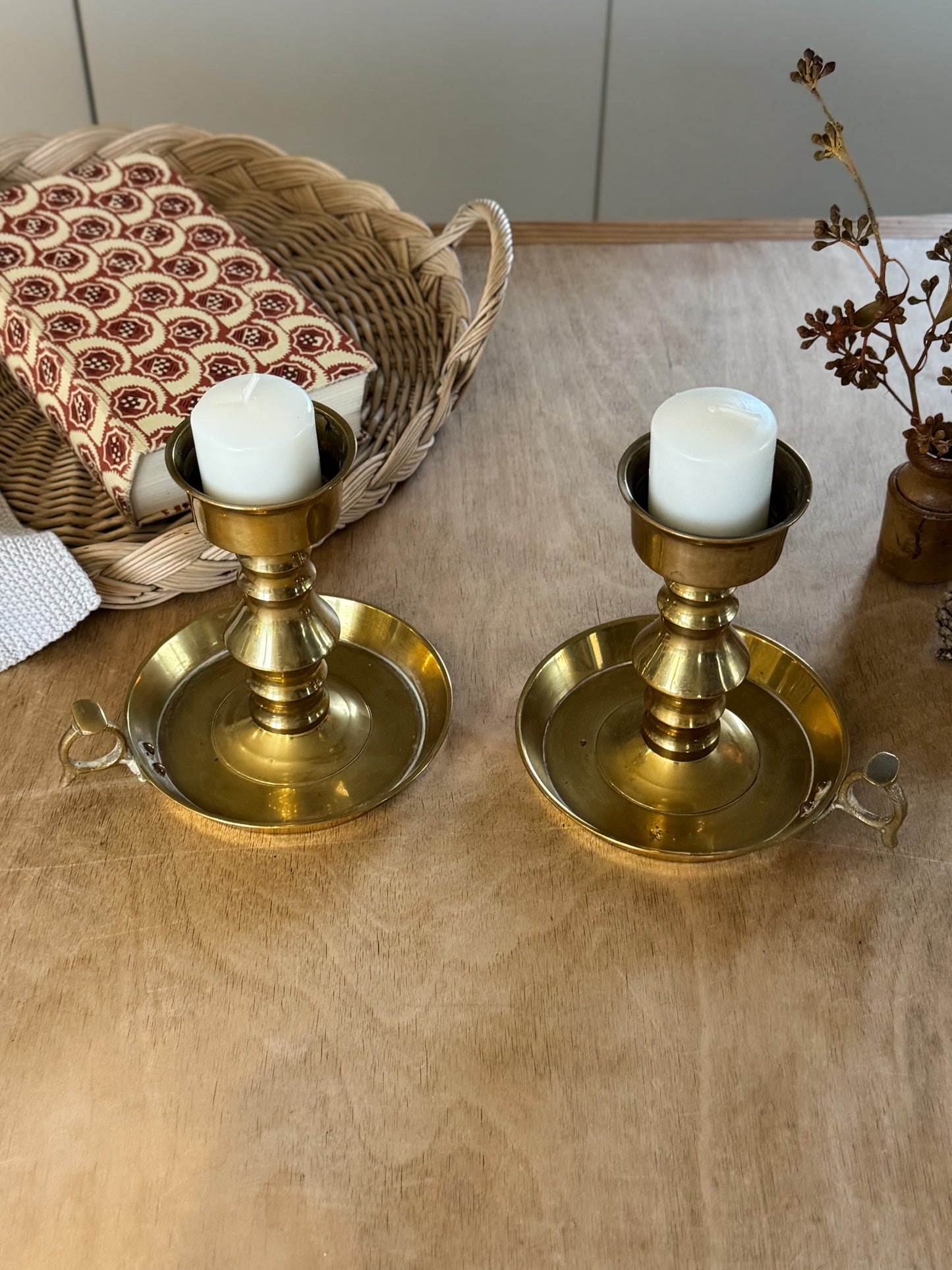 Pair of Antique Solid Brass Spike Chambersticks, Late 19th Century