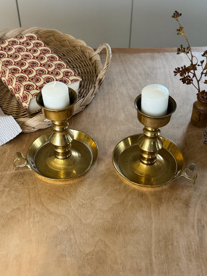 Pair of Antique Solid Brass Spike Chambersticks, Late 19th Century