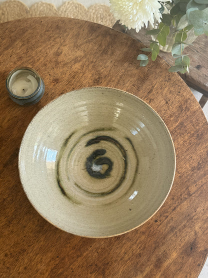 Large Studio Pottery Neutral Olive Green Swirl Bowl