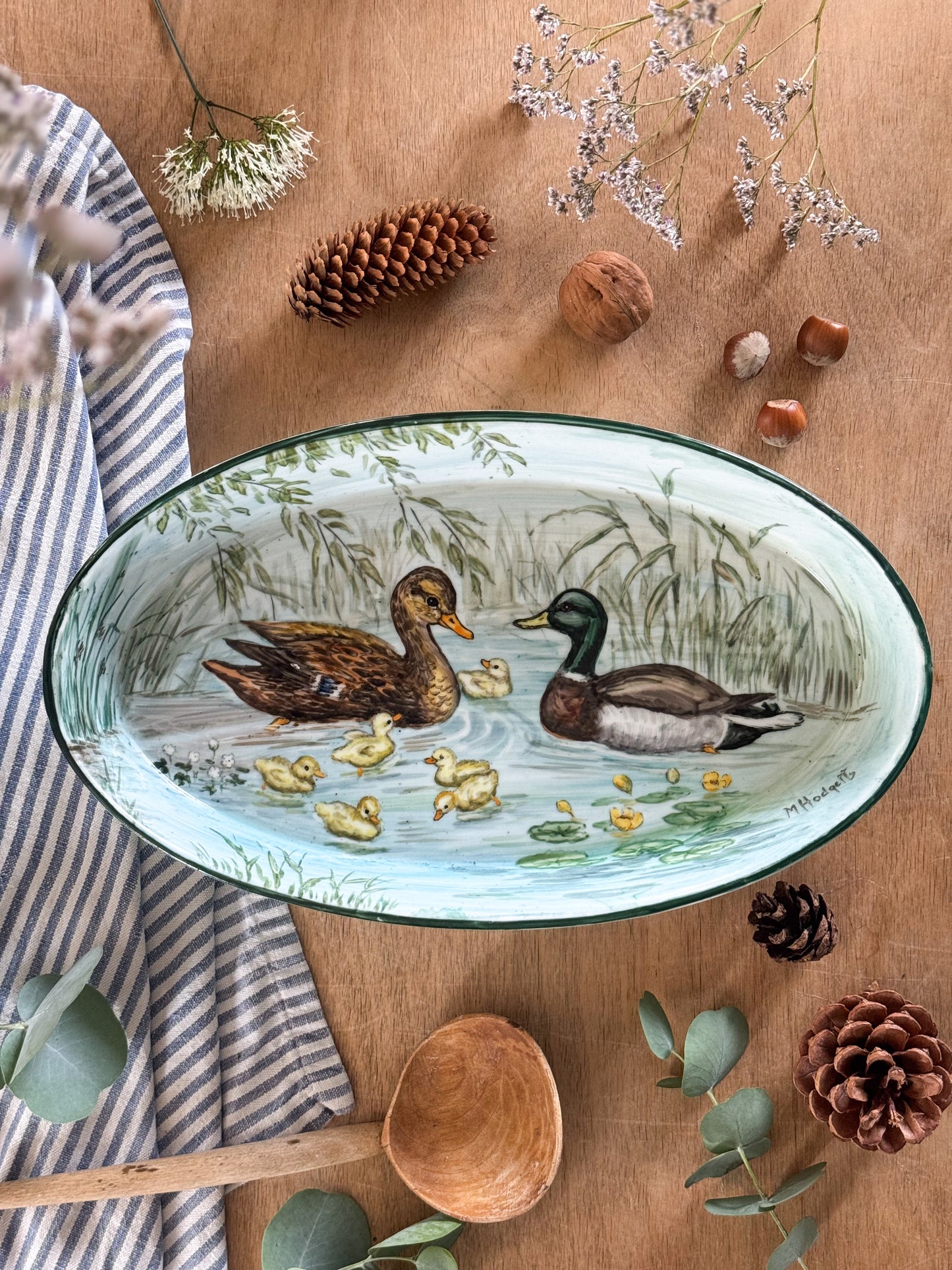 Vintage Hand-Painted “Duck Pond” Ovenproof Serving Dish - Signed by M. Hodgett