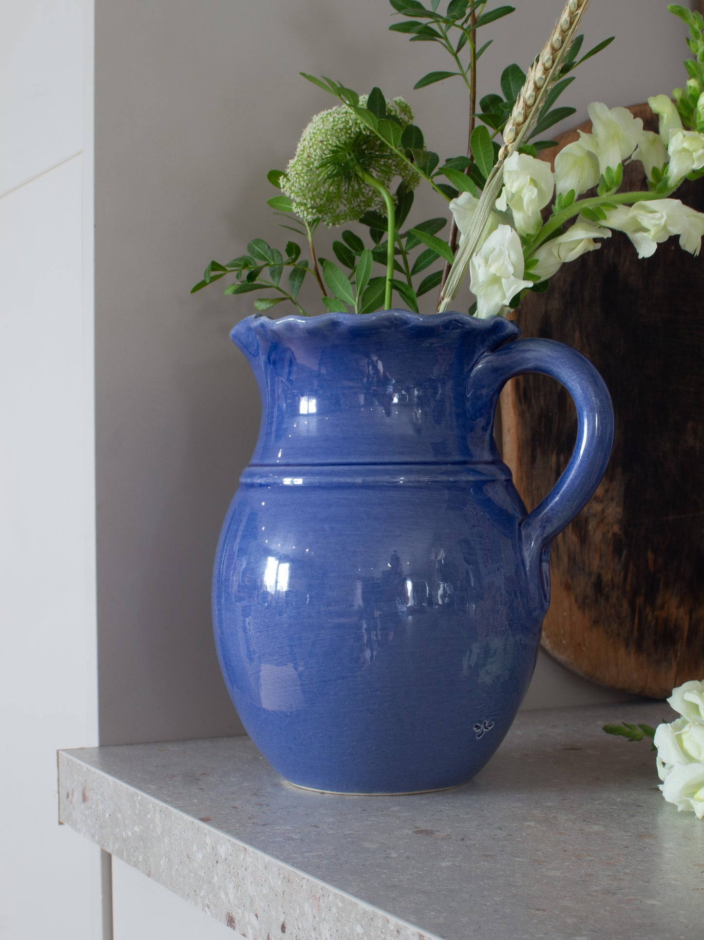 Vintage Parlane Blue Glazed Studio Pottery Scalloped Jug with Tiny Honey Bee Detail