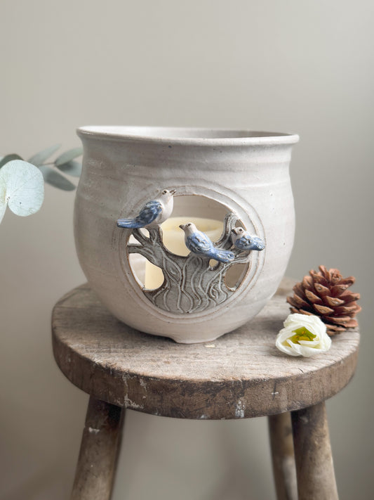 Rare Large Studio Pottery ‘Birds’ Candle Bowl by Susan Mills, West Green Pottery