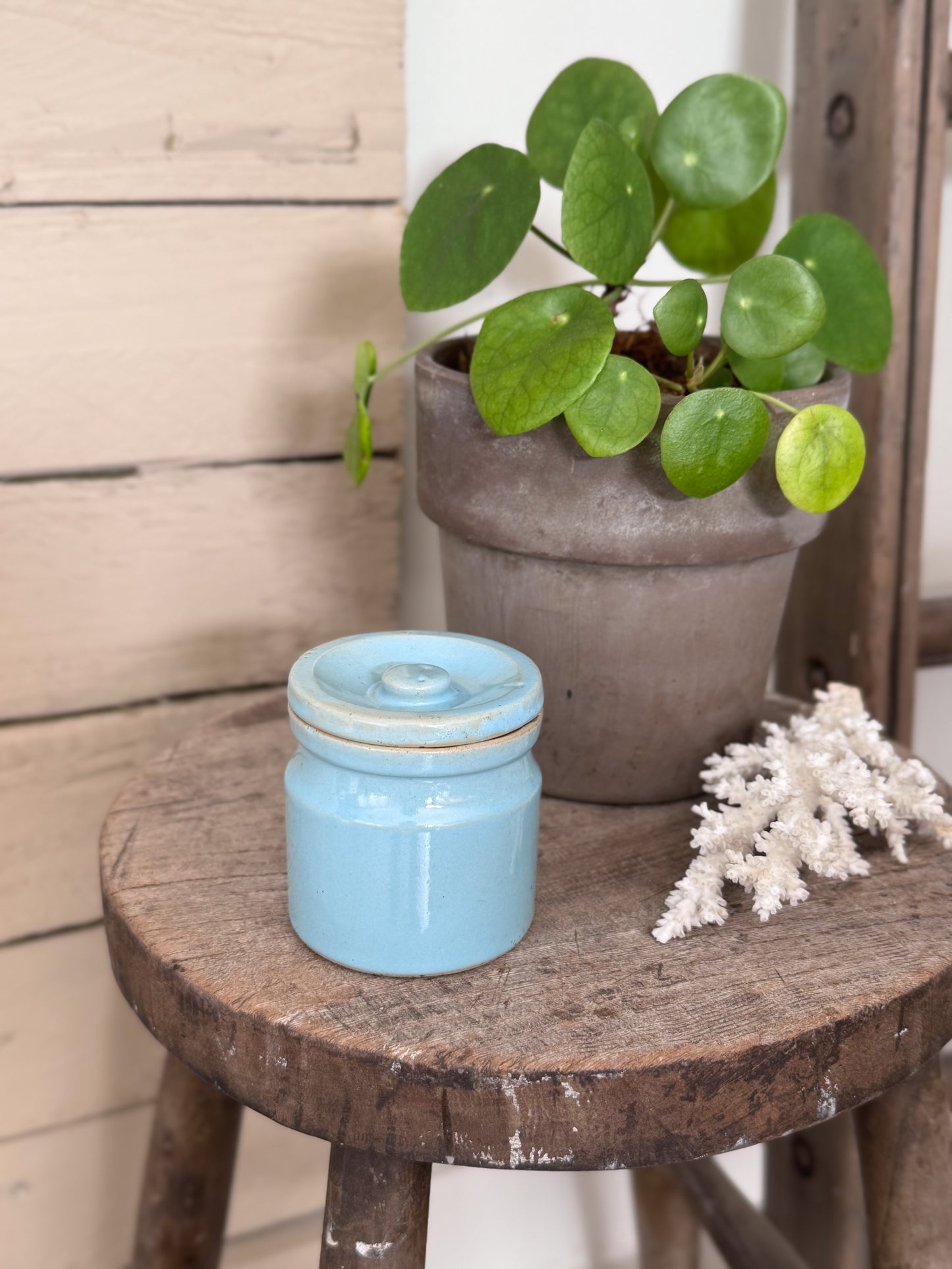 Antique Pastel Blue Small Glazed Confit Pot / Crock Pot