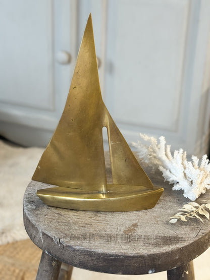 Vintage Large Solid Brass Sailing Boat Sculpture