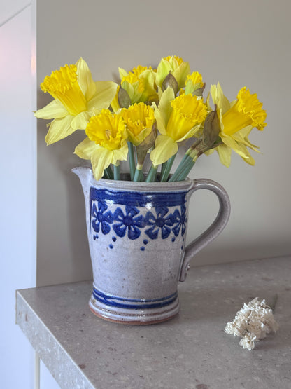 Vintage Studio Pottery Blue & White Floral Jug by David Morris, Laceby Pottery