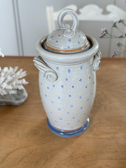 Vintage Tall Lidded Polka Dot Studio Pottery Jar, by Kelbrook Pottery