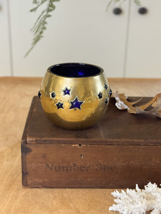Vintage Brass & Cobalt Blue Star Candle Holder