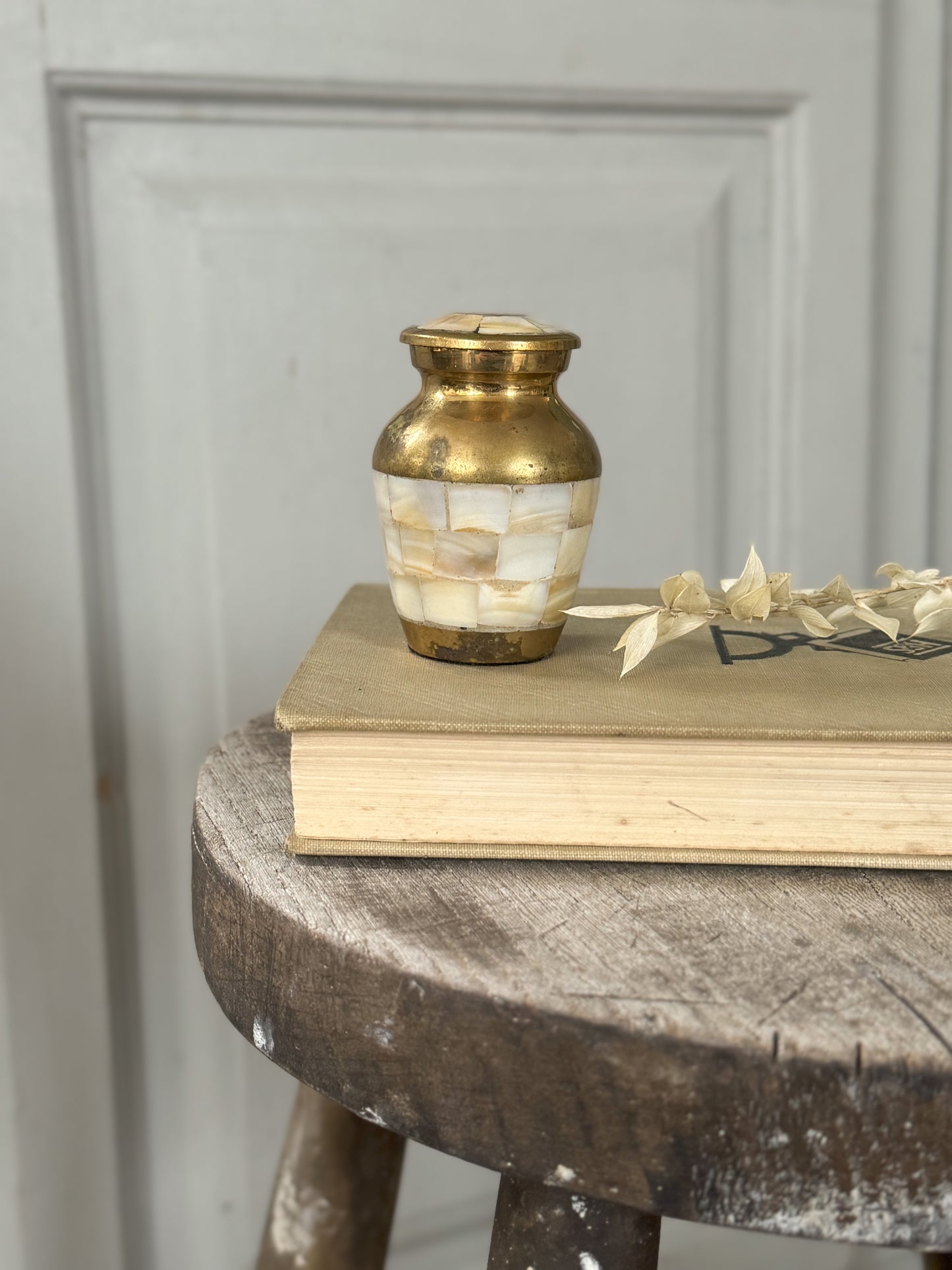 Vintage Brass & Mother of Pearl Ink Bottle