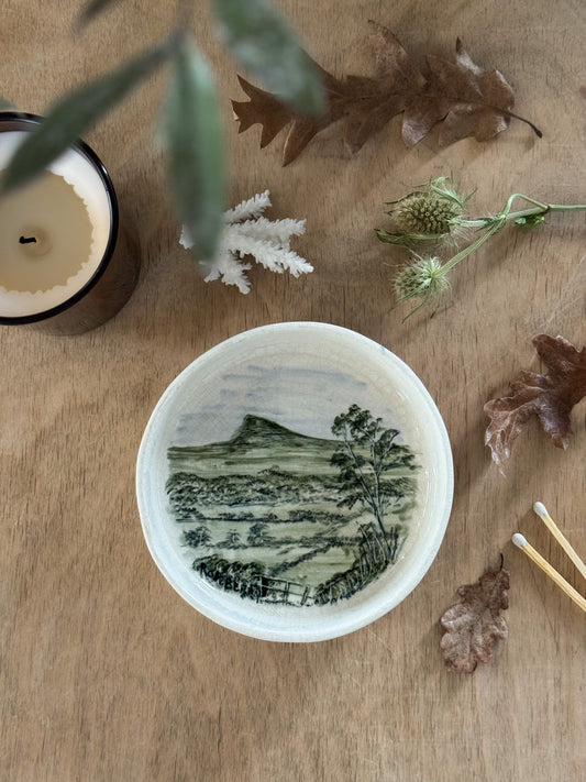 Vintage Colley Arts Studio Pottery Rural Landscape Trinket Dish, PF Alexander, Yorkshire, 1970s