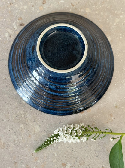 Vintage Studio Pottery Bowl with Deep Blue Spiral Glaze